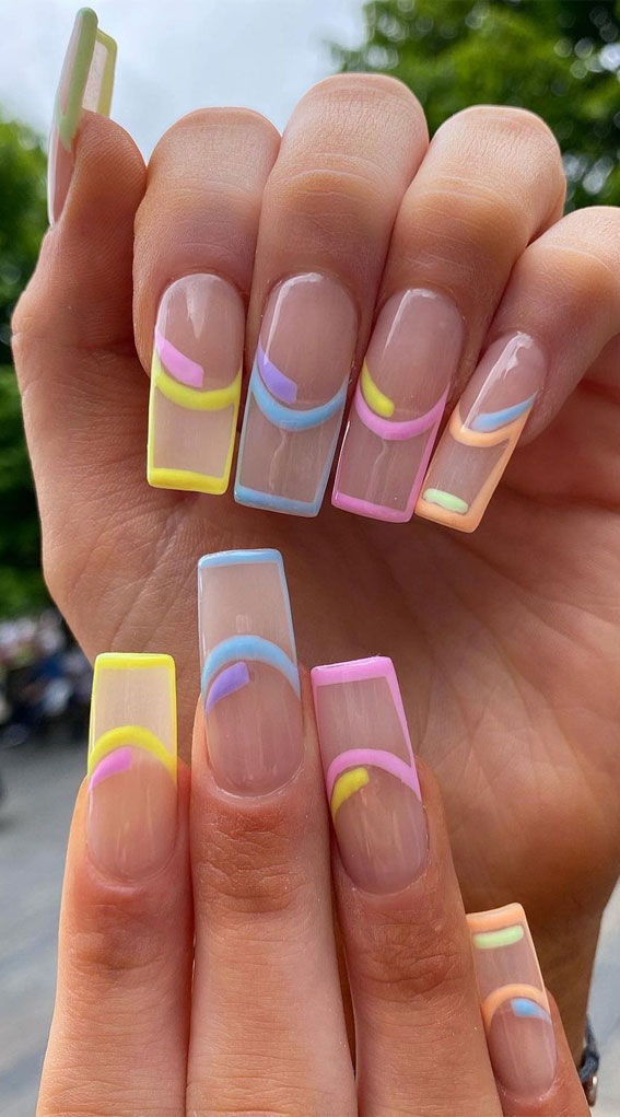 clear nail designs, coffin nail art designs, french nail tips, french manicure with color line, pastel french tips, coffin nails, french nails coffin, clear nails with color line