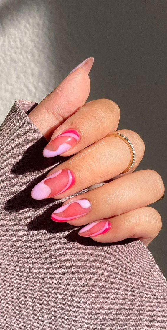 59 Summer Nail Colours and Design Inspo for 2021 : Pink Negative Space on Translucent Pink Nails