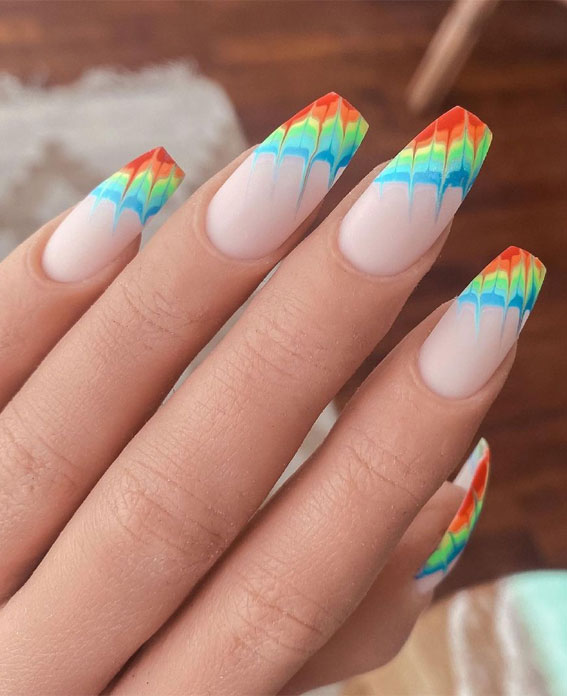 rainbow drip nails, rainbow tip nails, dripped nail polish , drip nails acrylic, coffin nails 