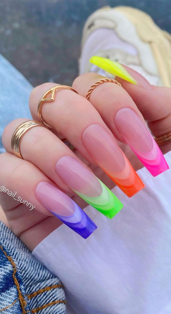 32 Hottest & Cute Summer Nail Designs : Different Bright Color French Nails on Each Nail