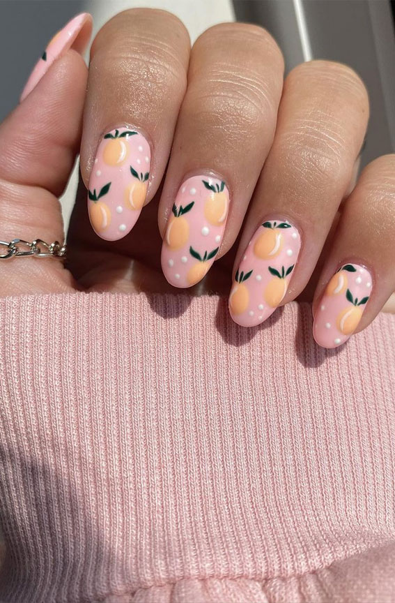 peach nails, peach nails with design, fruit nails, summer nail art designs, summer nails, summer nail designs