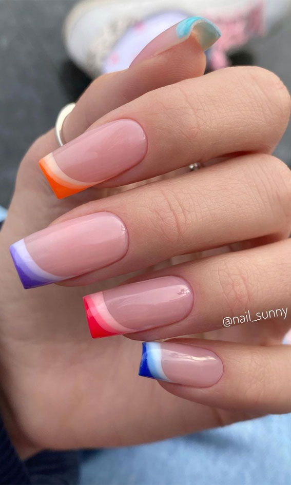 multi colored french nails trend, different color french nails on each nail, different color nailacrylic, summer holiday nails, summer coffin nails, medium coffin nails, summer nail designs 2021, short summer nails 2021, multi colored french nails