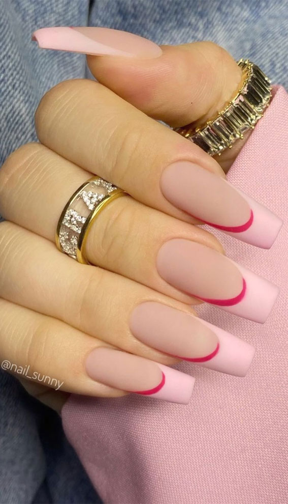 32 Hottest & Cute Summer Nail Designs : Pink French Nails with Dark Pink Accent 