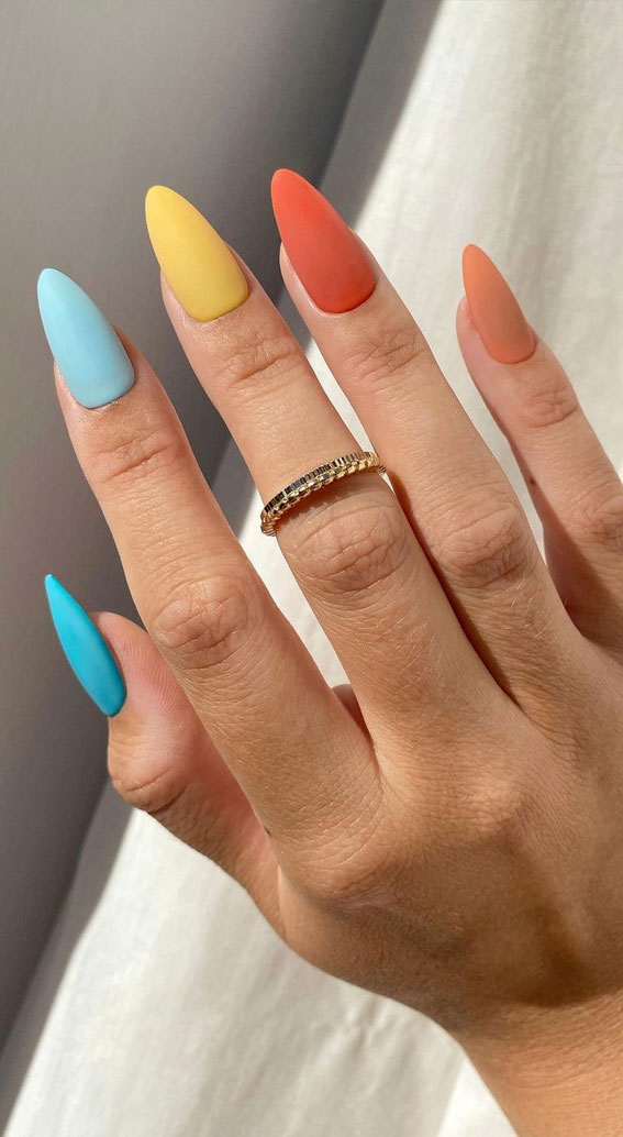 multi colored nails trend, different color nails on each nail, different color nailacrylic, summer holiday nails, summer coffin nails, medium coffin nails, summer nail designs 2021, short summer nails 2021, multi colored nails