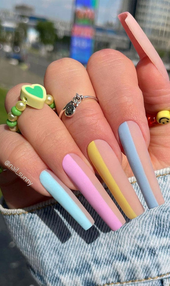 half nude half multi colored nails trend, different color nails on each nail, different color nailacrylic, summer holiday nails, summer coffin nails, medium coffin nails, summer nail designs 2021, short summer nails 2021, multi colored nails