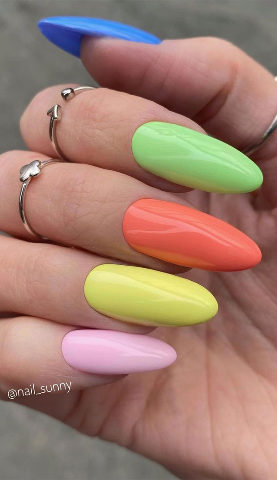 multi colored nails trend, different color nails on each nail, different color nailacrylic, summer holiday nails, summer coffin nails, medium coffin nails, summer nail designs 2021, short summer nails 2021, multi colored nails