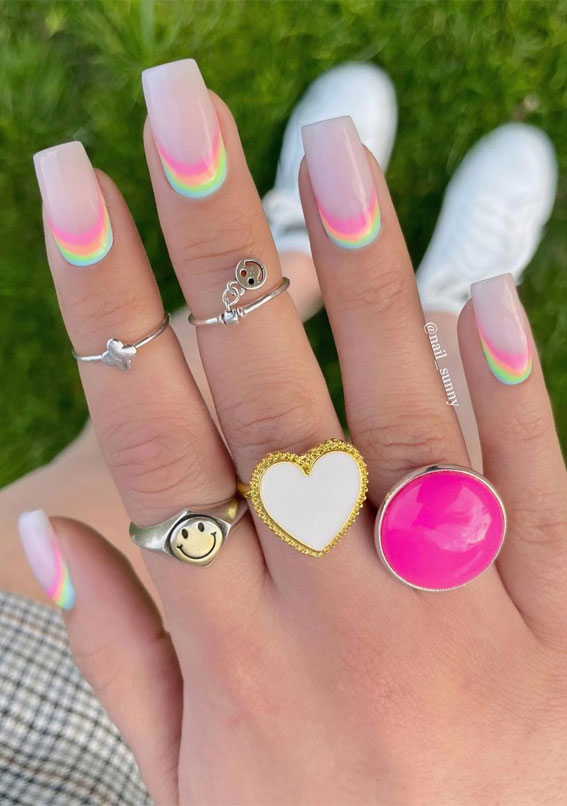 upside down half moon rainbow nails, rainbow reverse french nails, summer holiday nails, summer coffin nails, medium coffin nails, summer nail designs 2021, short summer nails 2021, summer nail designs 2021, bright summer nails 2021, summer nail ideas 2021, summer nail trends 2021, summer nailsacrylic, end of summer nail designs