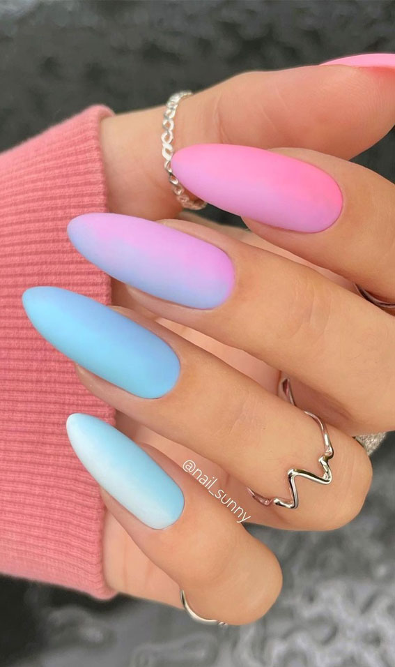 ombre blue and pink nails, different color nailacrylic, summer holiday nails, summer coffin nails, medium coffin nails, summer nail designs 2021, short summer nails 2021, multi colored nails