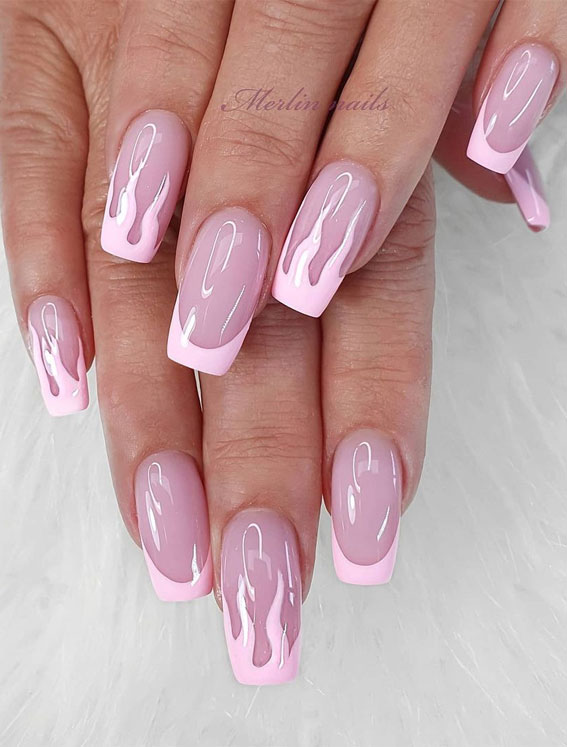 32 Hottest & Cute Summer Nail Designs : Pink French Tips & Pink Flame Nails