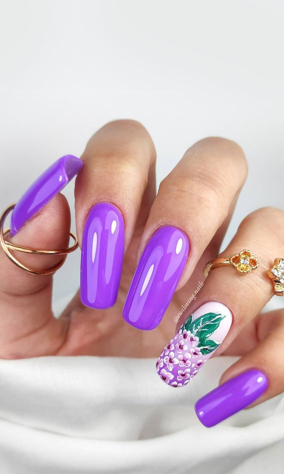 59 Summer Nail Colours and Design Inspo for 2021 : Bright Purple & Flower Nails