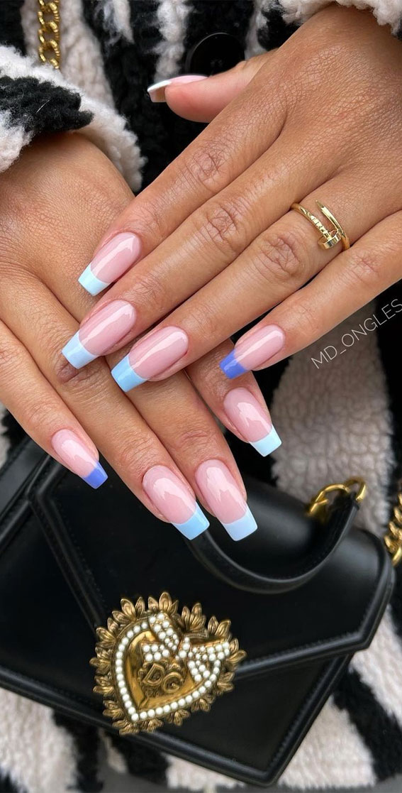 59 Summer Nail Colours and Design Inspo for 2021 : Shades of Blue French Tip Nails