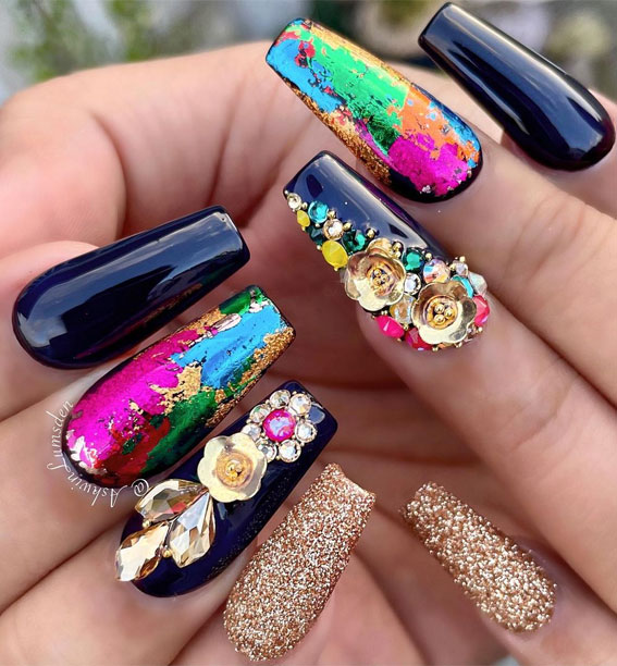 colorful glitz and glam nails, glam and glits nails, glam and glitter nails, glitz and glam glitter nail art designs, almond shaped nails, glitter nails 2021, glitter nail designs , glitter nails designs