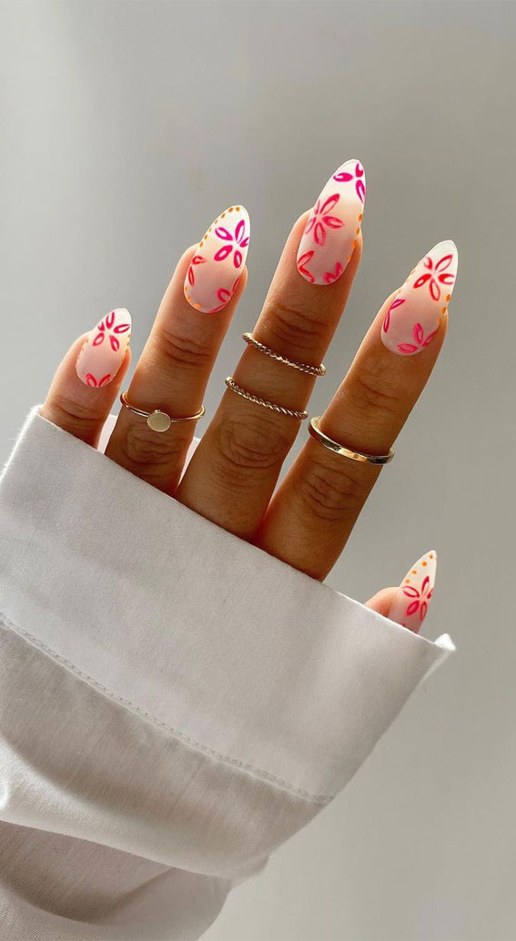 flower nails , flower nail art designs, translucent nail art designs,  summer nail ideas 2021, summer nail trends 2021, almond shaped nails, oval shaped nails, summer nails 2021, cute summer nails 2021, bright summer nails 2021, bright summer nails 2021