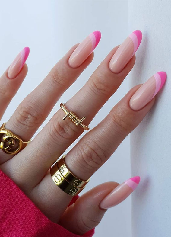 pink layered asymmetric nails, pink asymmetric nails, pink asymmetric tip nails, pink french tip nails, pink tip nails