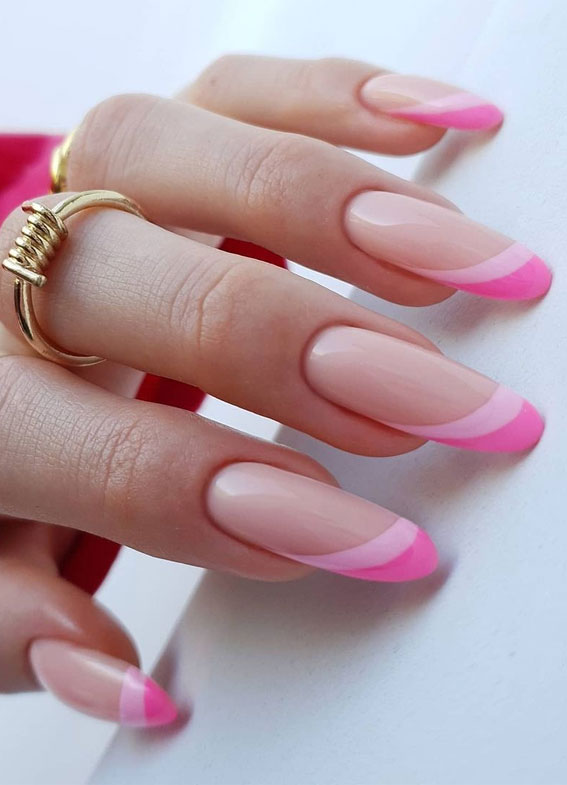 59 Summer Nail Colours and Design Inspo for 2021 : Pink Asymmetric Tip Nails