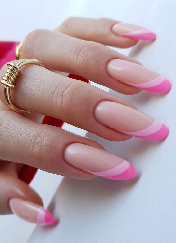 pink layered asymmetric nails, pink asymmetric nails, pink asymmetric tip nails, pink french tip nails, pink tip nails