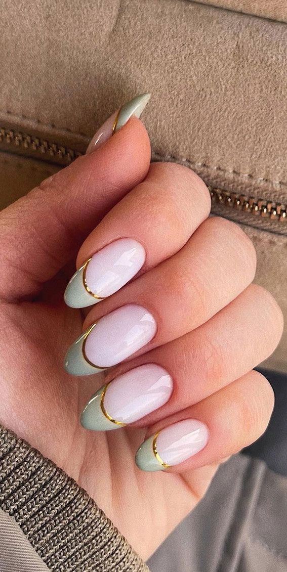 59 Summer Nail Colours and Design Inspo for 2021 : Mint Green Tip Nails with Gold Lines