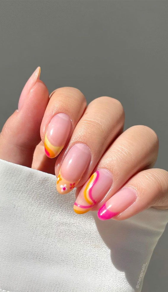 pink and yellow tip nails, colorful tip nails, negative space nails, colorful french nails, green and yellow on nude nails, natural color nails 2021, white summer nails 2021, summer nail ideas 2021, summer nail trends 2021, coffin summer nails 2021, cute summer nails 2021, bright summer nails 2021, bright summer nails 2021