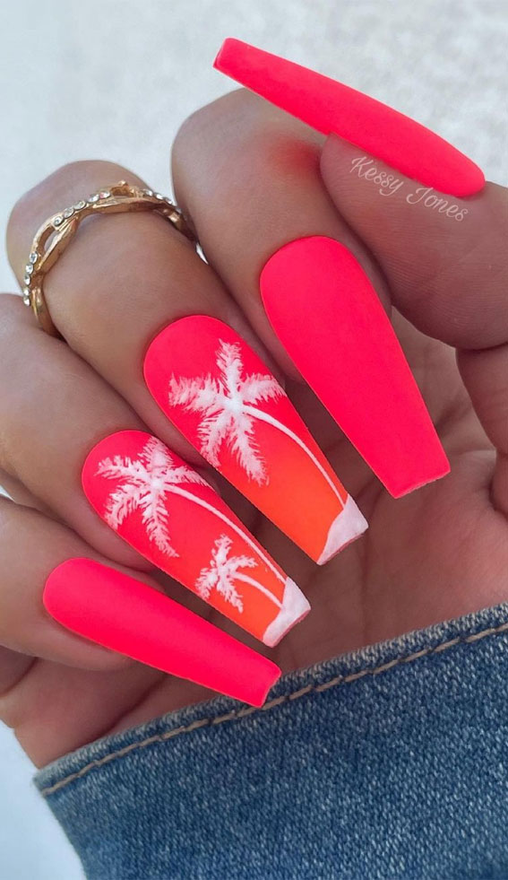59 Summer Nail Colours and Design Inspo for 2021 : Hot Pink Palm Tree Nails