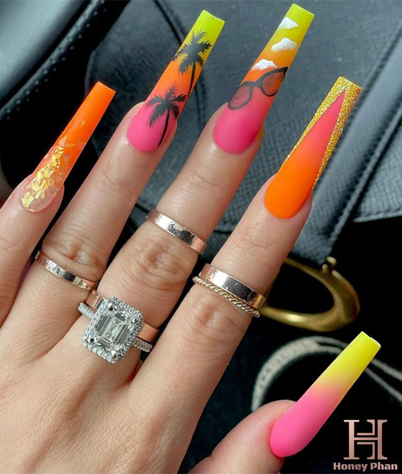 sunset tropical nails, palm tree nails, tropical vibe nails, ombre bright color nails, orange and hot pink nails, summer nails 2021, bright summer nails 2021, summer nail ideas 2021, summer nail trends 2021, coffin summer nails 2021, cute summer nails 2021, bright summer nails 2021, bright summer nails 2021