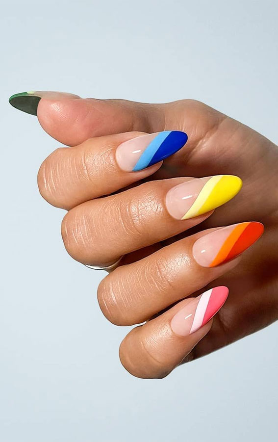 59 Summer Nail Colours and Design Inspo for 2021 : Rainbow Asymmetric nails Tip Nails