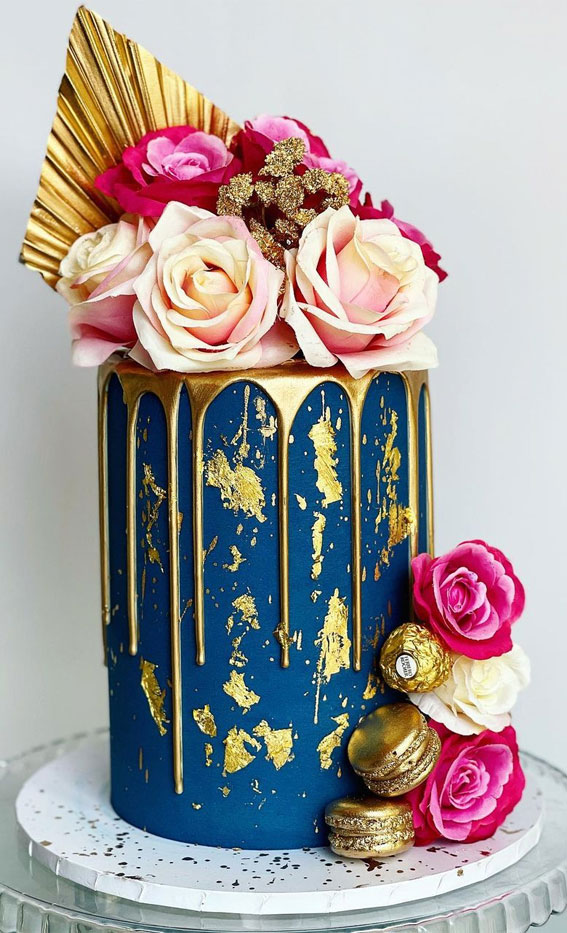 38+ Beautiful Cake Designs To Swoon : Navy Blue Cake with Gold Icing Drips