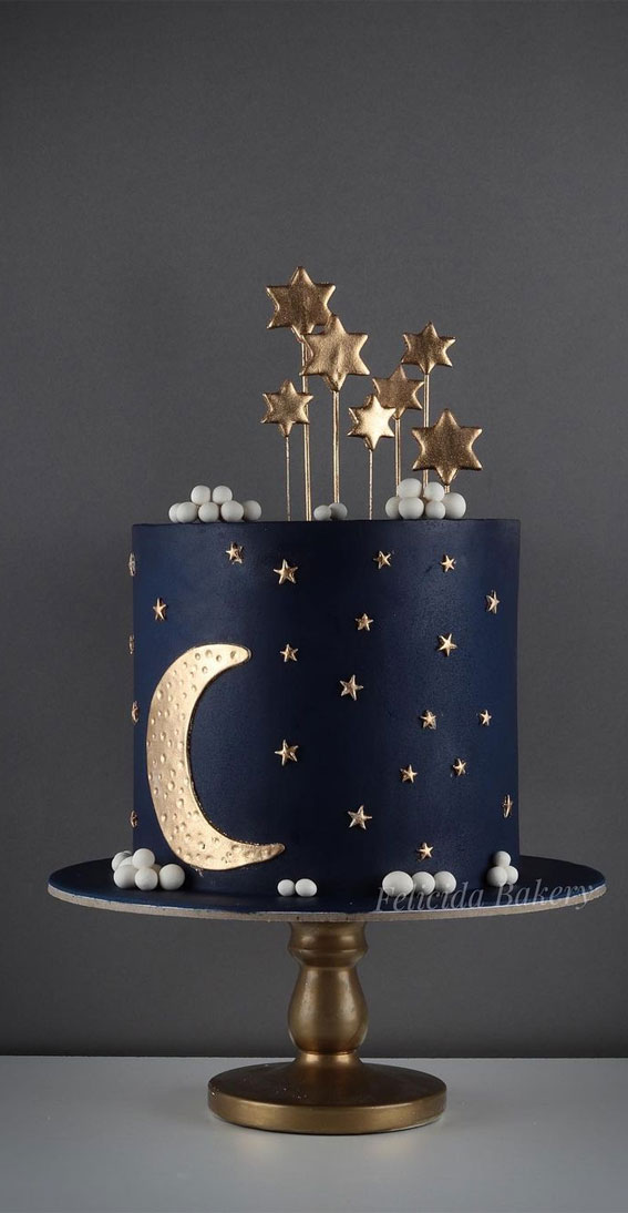 38+ Beautiful Cake Designs To Swoon : Navy Blue Cake with Gold Moon & Stars