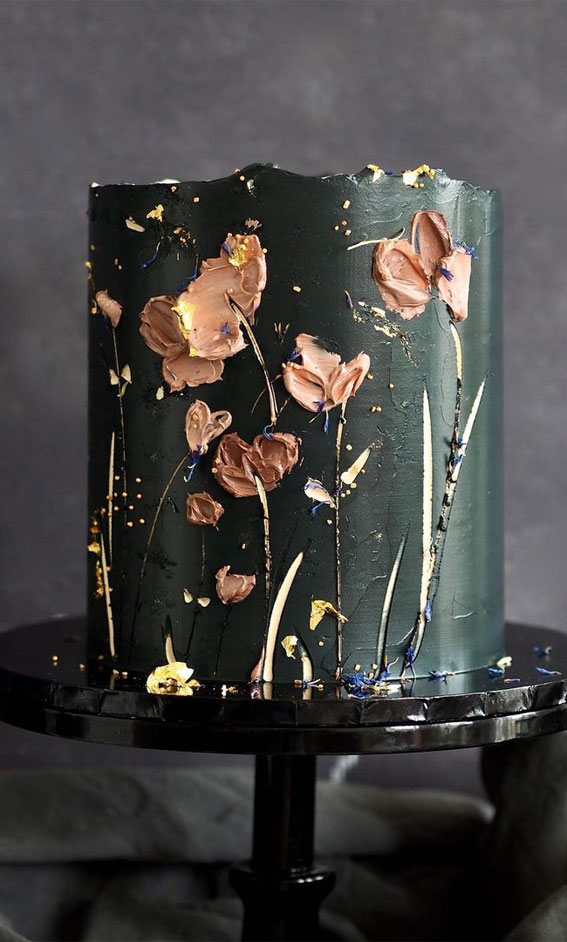 38+ Beautiful Cake Designs To Swoon : Black Buttercream Cake with Floral Details