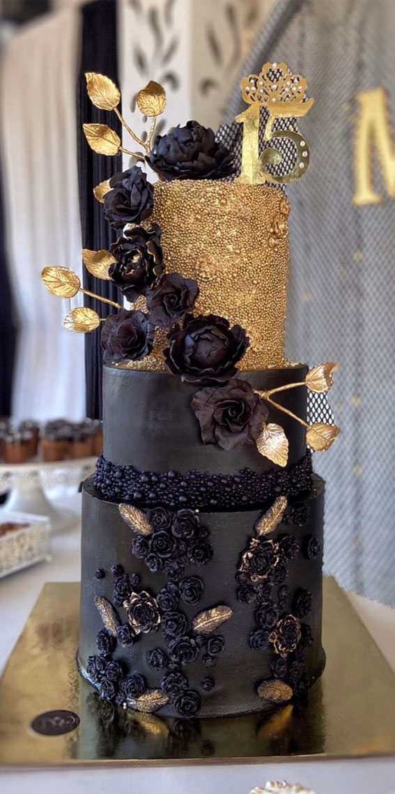 38+ Beautiful Cake Designs To Swoon : Black and Gold Cake for 15th birthday