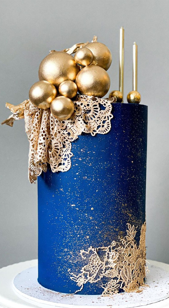 38+ Beautiful Cake Designs To Swoon : Dark Blue Cake with Gold Lace
