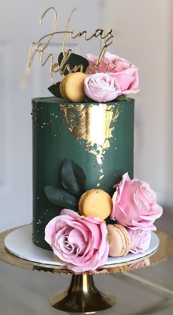38+ Beautiful Cake Designs To Swoon : Dark Green Gold Foil Cake with Pink Roses