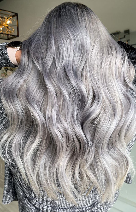 25 Trendy Grey & Silver Hair Colour Ideas for 2021 : Long Platinum Silver Hair Colour