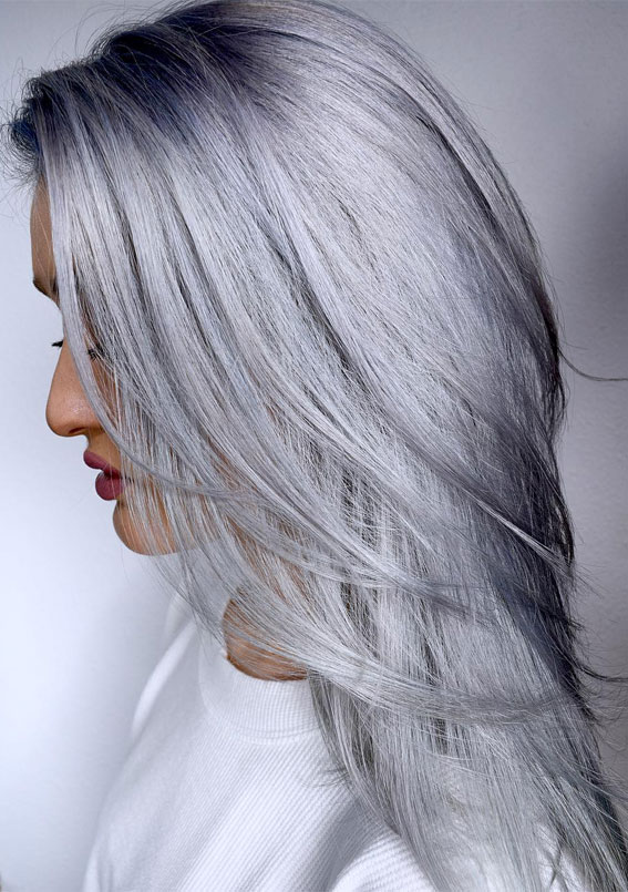 25 Trendy Grey & Silver Hair Colour Ideas for 2021 : Metallic Silver Layered Haircut