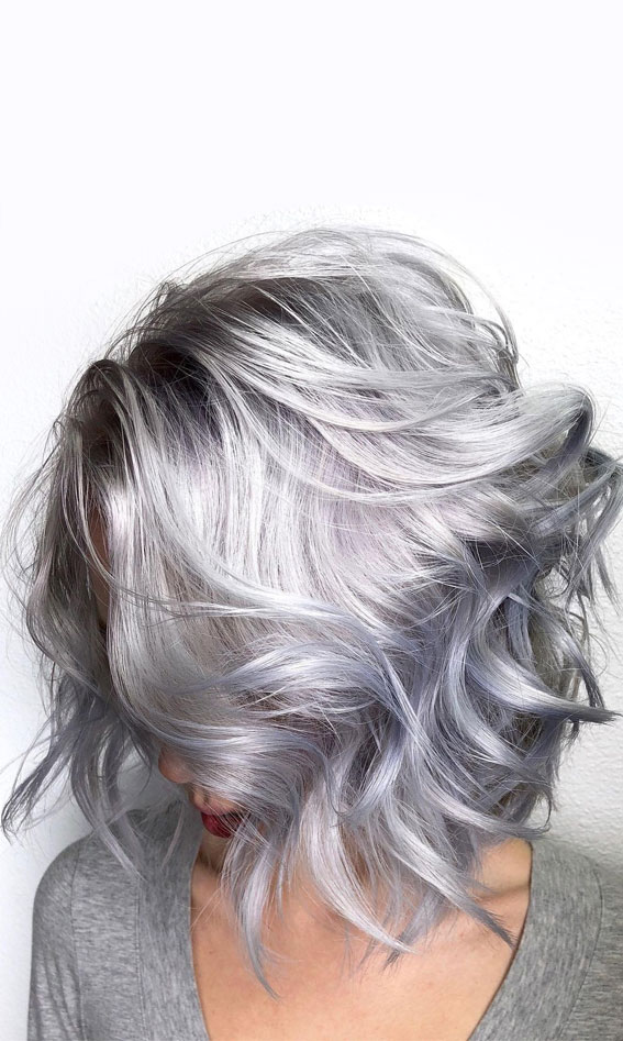 25 Trendy Grey & Silver Hair Colour Ideas for 2021 : Silky Silver Lob Hairstyle
