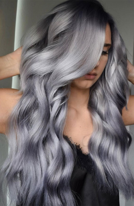 25 Trendy Grey & Silver Hair Colour Ideas for 2021 : Silky Shiny Silver Hair Colour
