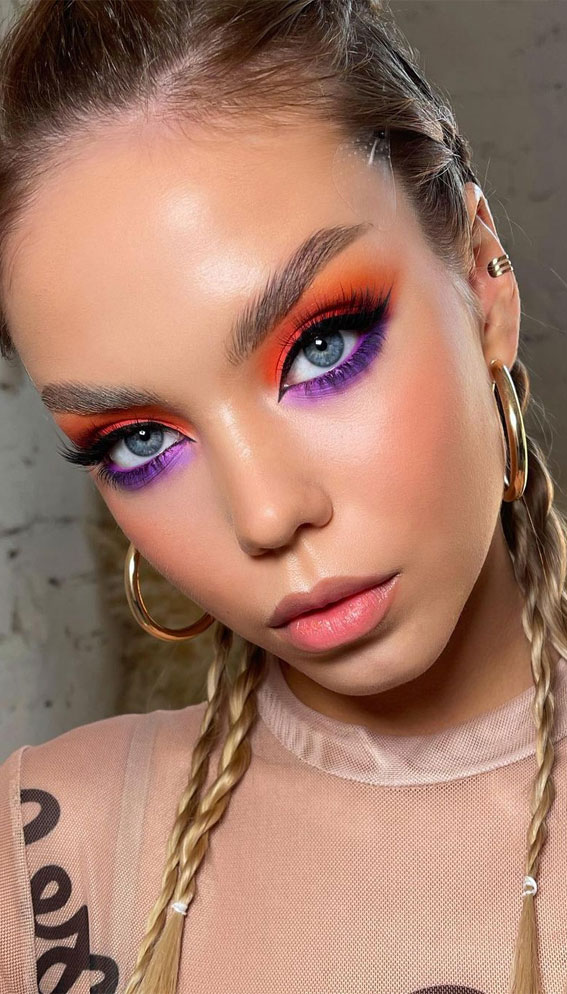 20 Cool makeup looks and Ideas for 2021 : Orange and Purple Eyeshadow Look