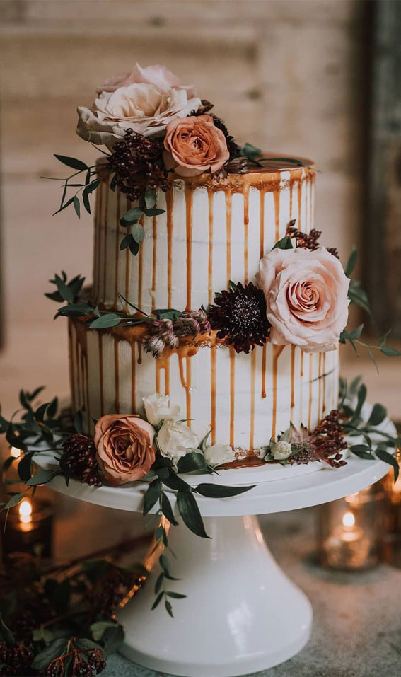 semi-naked wedding cake with caramel drizzle, best simple wedding cakes 2021, simple wedding cakes, simple rustic wedding cakes