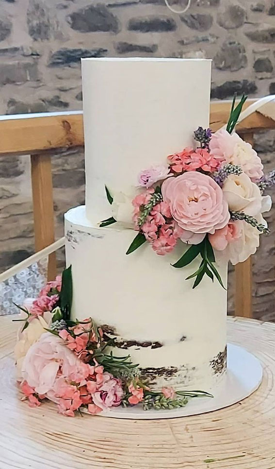 25 Best Simple Wedding Cakes 2021 : Two-Tiered Wedding Cake with Pink Bloom