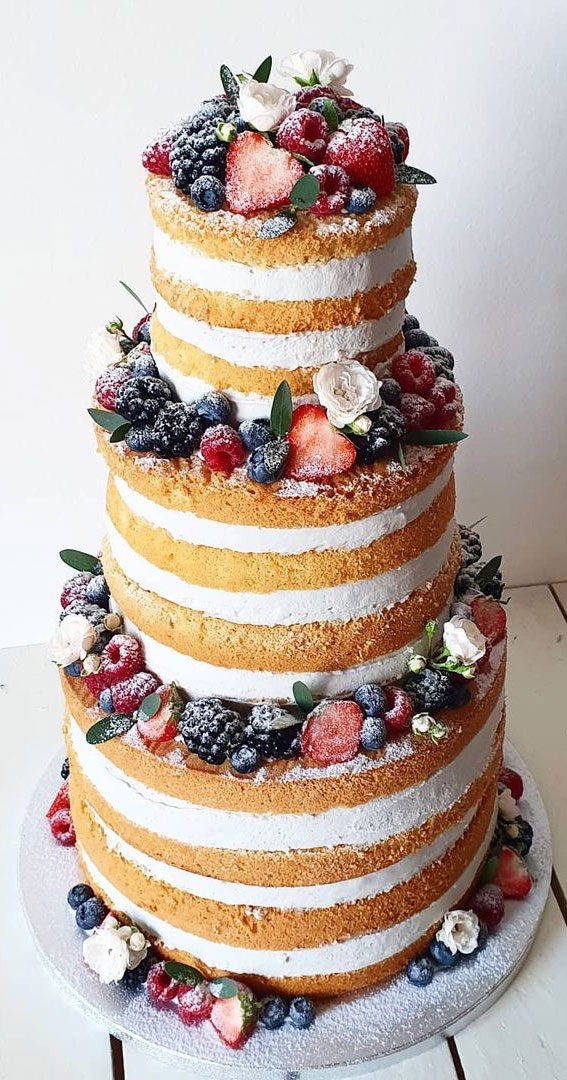 25 Best Simple Wedding Cakes 2021 : Naked Wedding Cake with Fresh Fruits