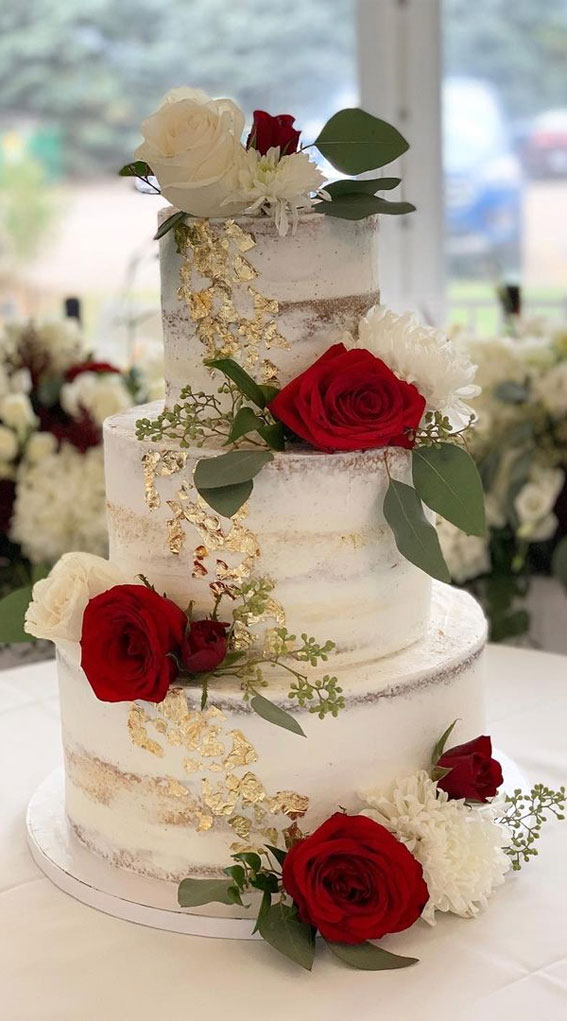25 Best Simple Wedding Cakes 2021 : Wedding Cake with Gold Foil & Red Roses