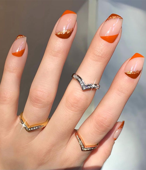 28 Trendy Brown Nail Designs 2021 : Brown and Orange Negative Space Nail Art