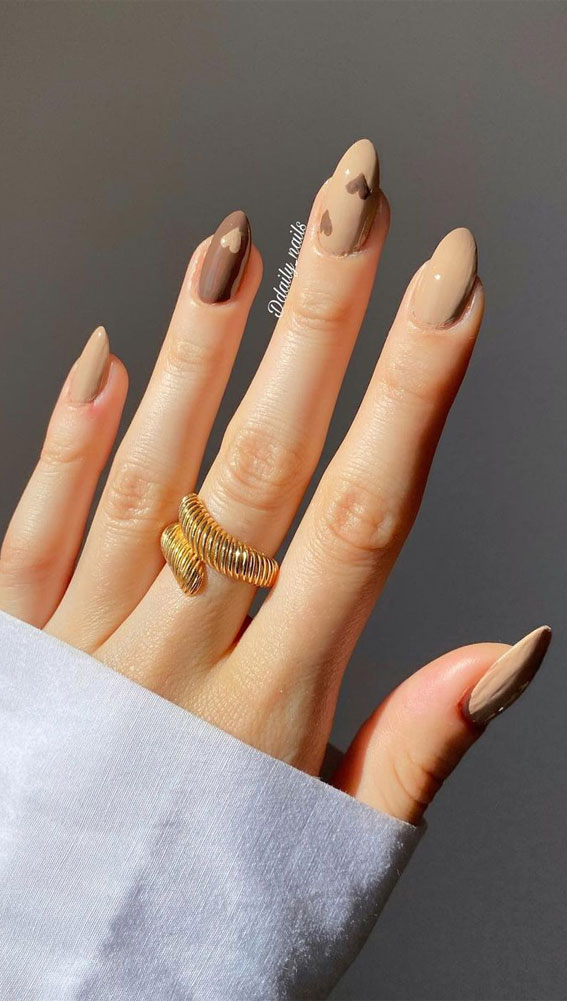28 Trendy Brown Nail Designs 2021 : Shades of brown nails with heart details
