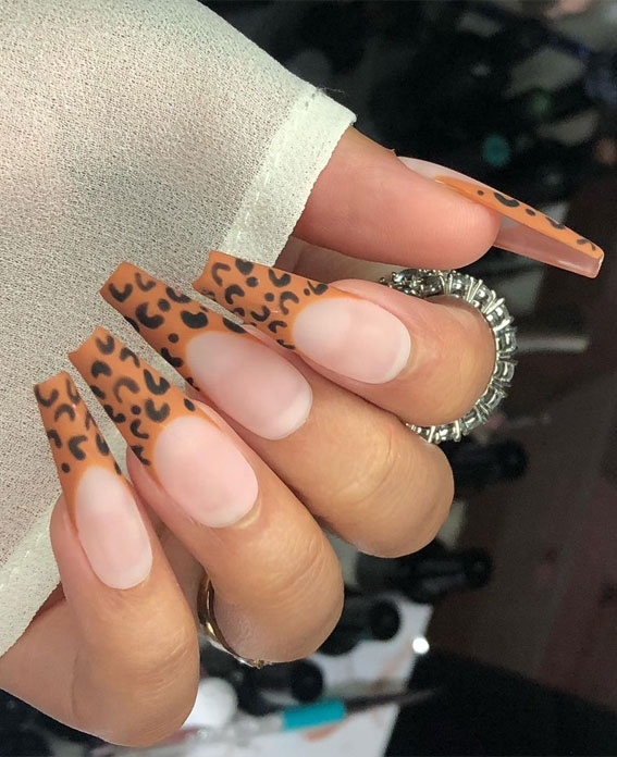 28 Trendy Brown Nail Designs 2021 : Matte Cheetah French Tip Nails