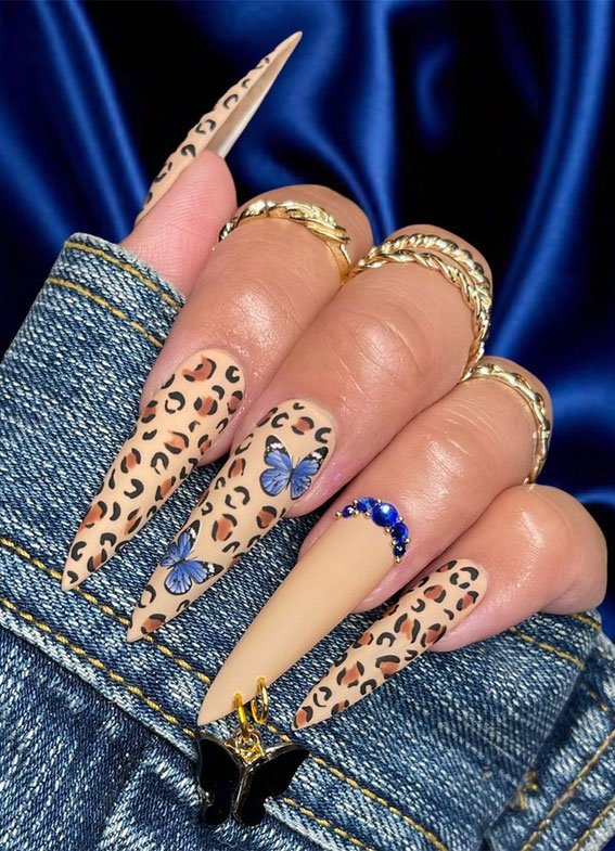 28 Trendy Brown Nail Designs 2021 : Leopard Print Stiletto Nails with Blue Butterfly