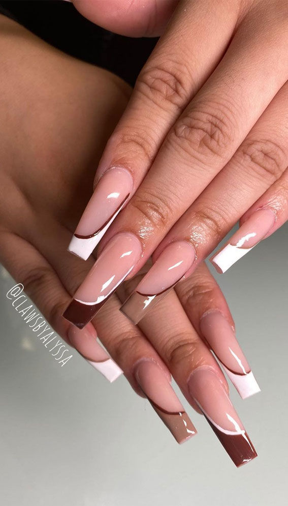 28 Trendy Brown Nail Designs 2021 : Shades of Brown and White Tip Nails