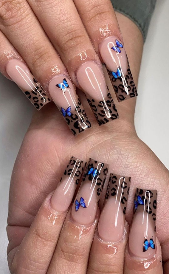 28 Trendy Brown Nail Designs 2021 : Butterfly and Leopard Print French Tips