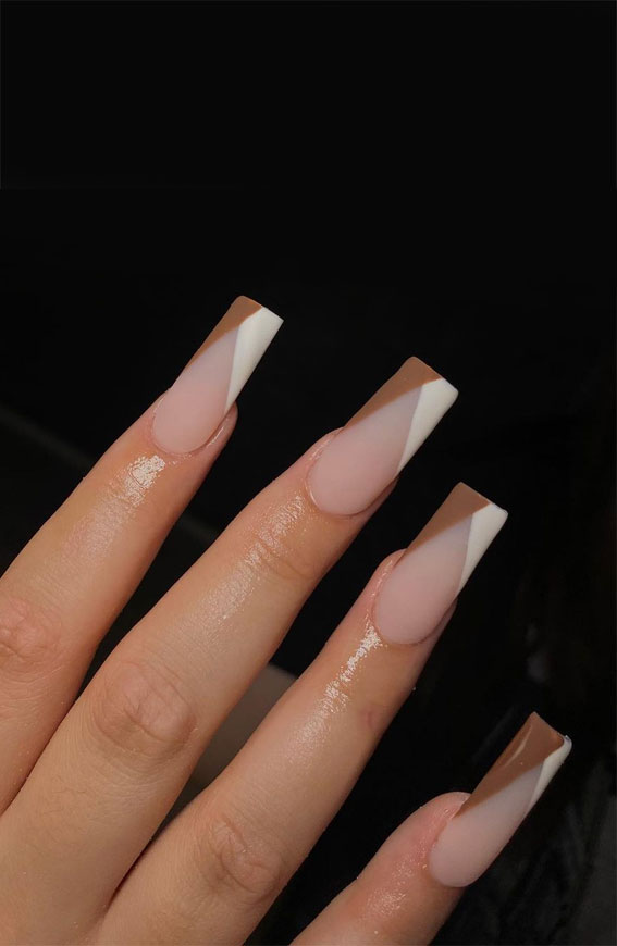 28 Trendy Brown Nail Designs 2021 : Brown and White V-Shaped French Tips