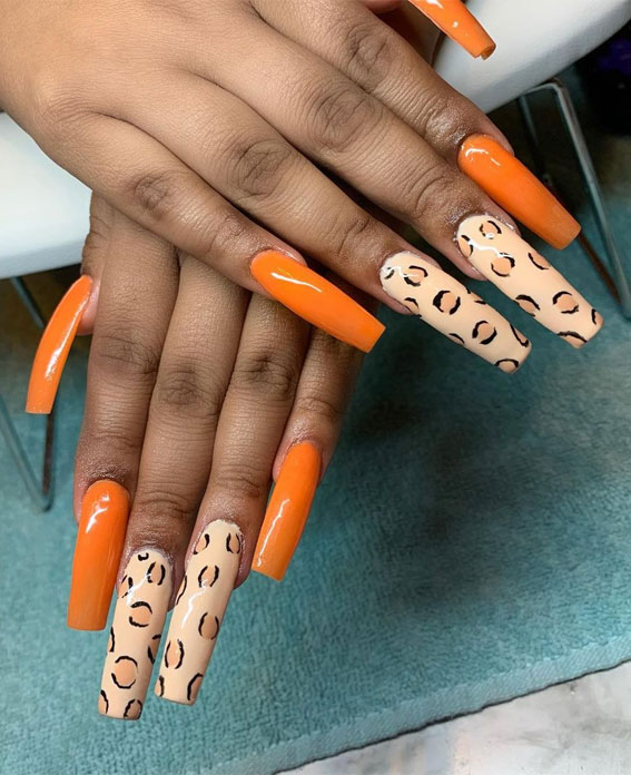28 Trendy Brown Nail Designs 2021 : Brown Cheetah Nail Art & Orange Nails