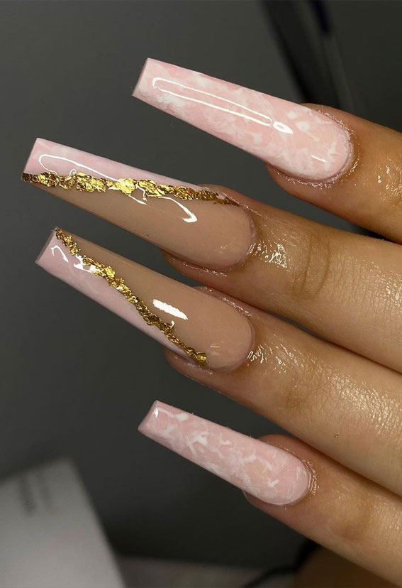 28 Trendy Brown Nail Designs 2021 : Blush Marble and Brown Nails