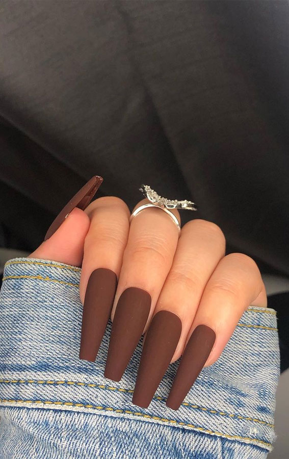 35 October Nail Art Designs : Autumn Brown Chocolate Coffin Nails